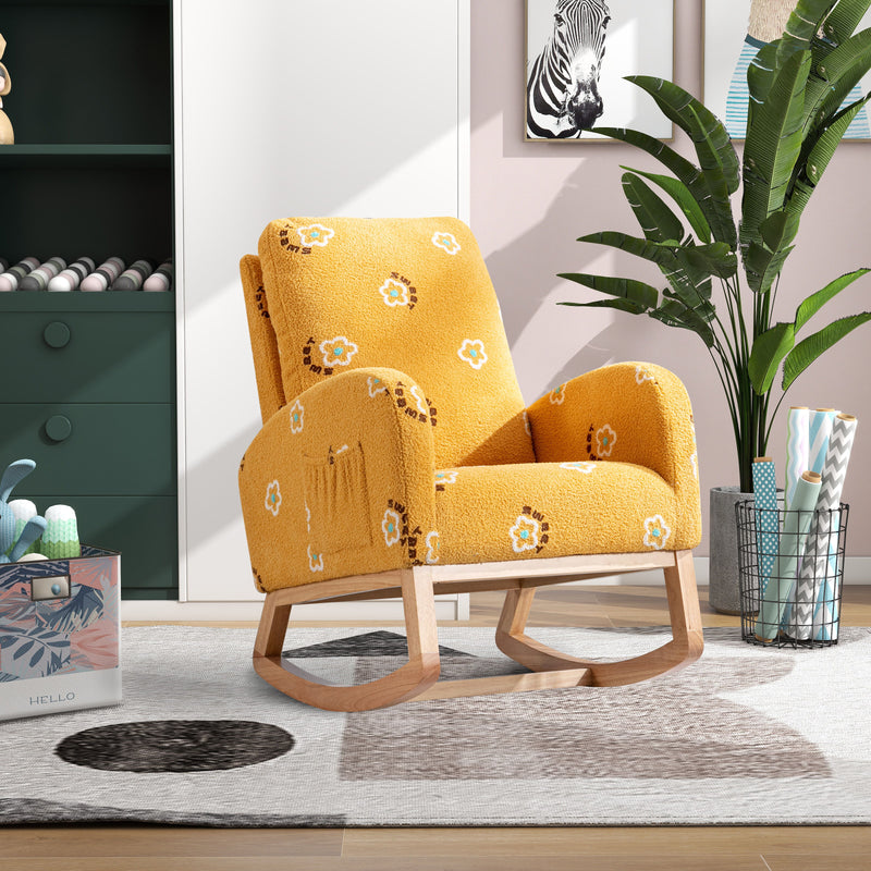 Modern Accent Rocker Armchair With Side Pocket, Upholstered High Back