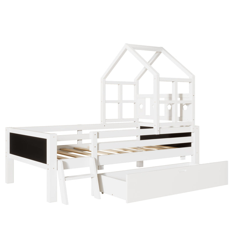 House Bed With Ladder And Storage Drawers Platform With Blackboard, No Box Spring