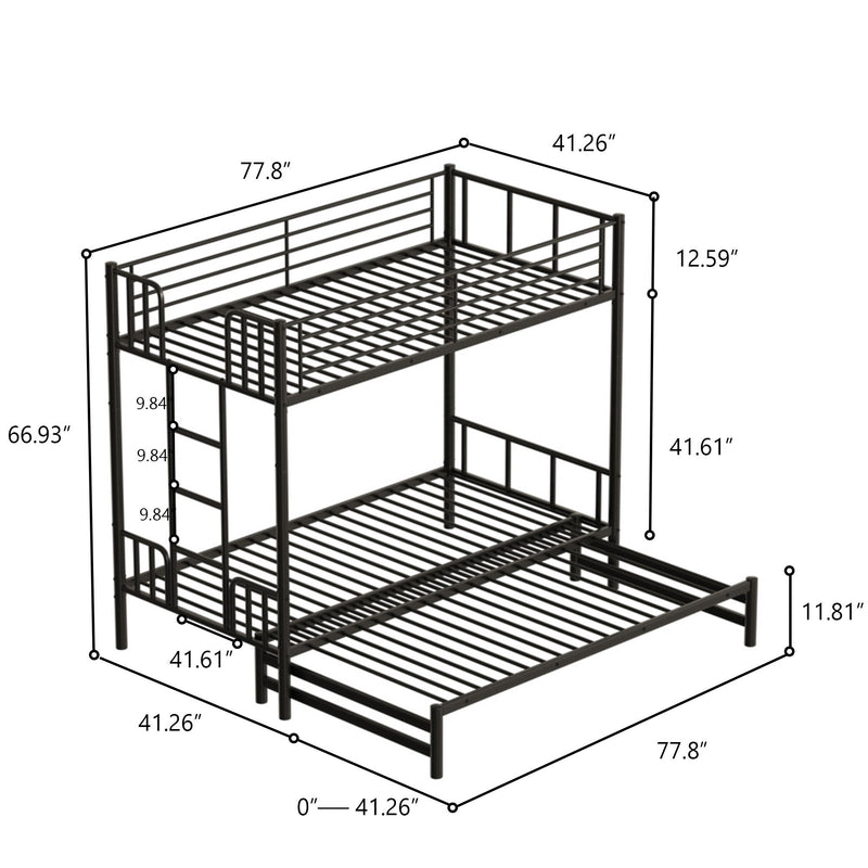 Twin Metal Pull Out Bunk Bed With Guardrail And Built In Ladder, Space Saving Convertible Frame For Bedroom - Black