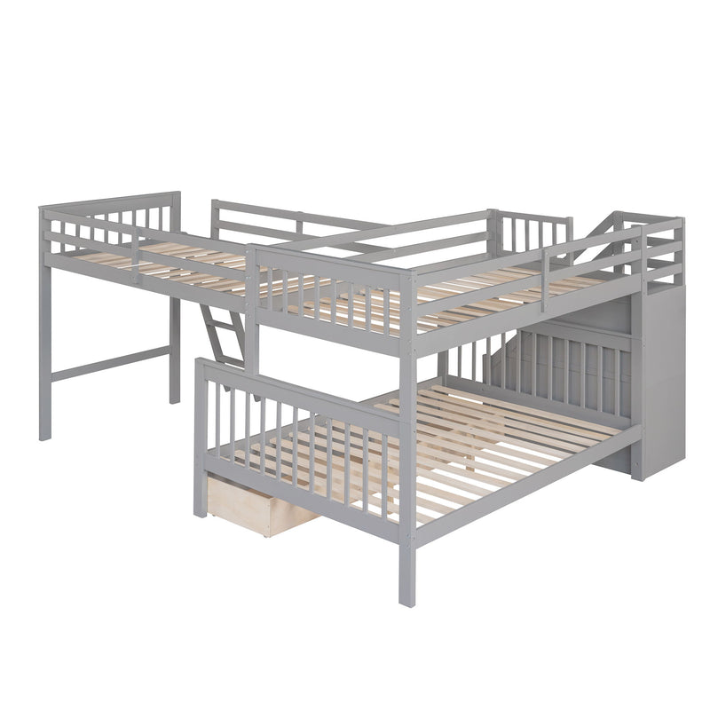 Solid L Shaped Bunk Bed With 3 Drawers, Ladder And Staircase