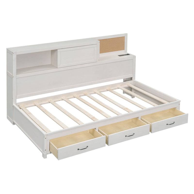 Twin Size Daybed With 3 Storage Drawers, Upper Soft Board, Shelf, And A Set Of Sockets And USB Ports - White