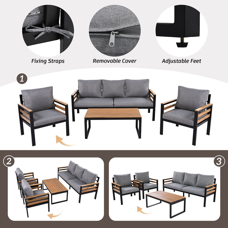 4 Piece Outdoor Furniture Sofa Set For 5 People With Acacia Wood Armrests, Removable Cushion