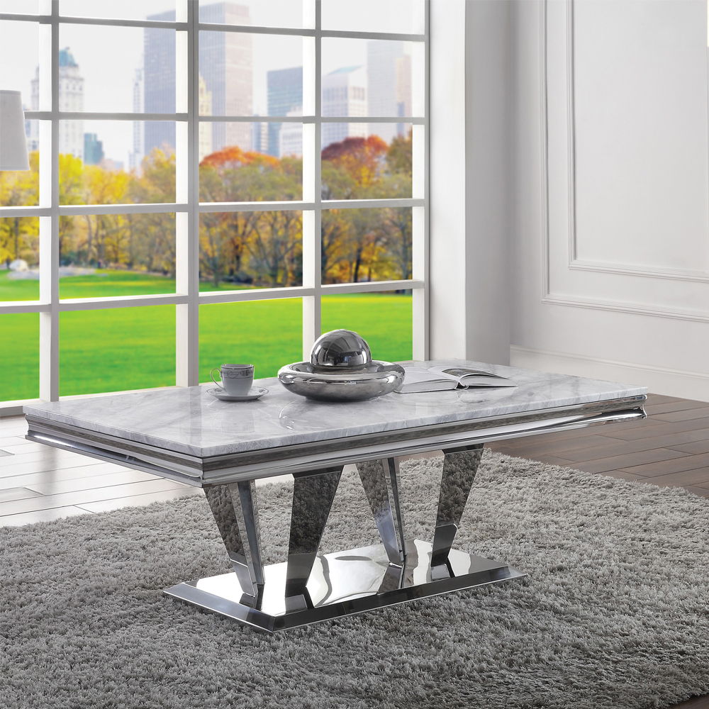 Satinka - Coffee Table - Light Gray Printed Faux Marble Top & Mirrored Silver - Urban Living Furniture (Los Angeles, CA)