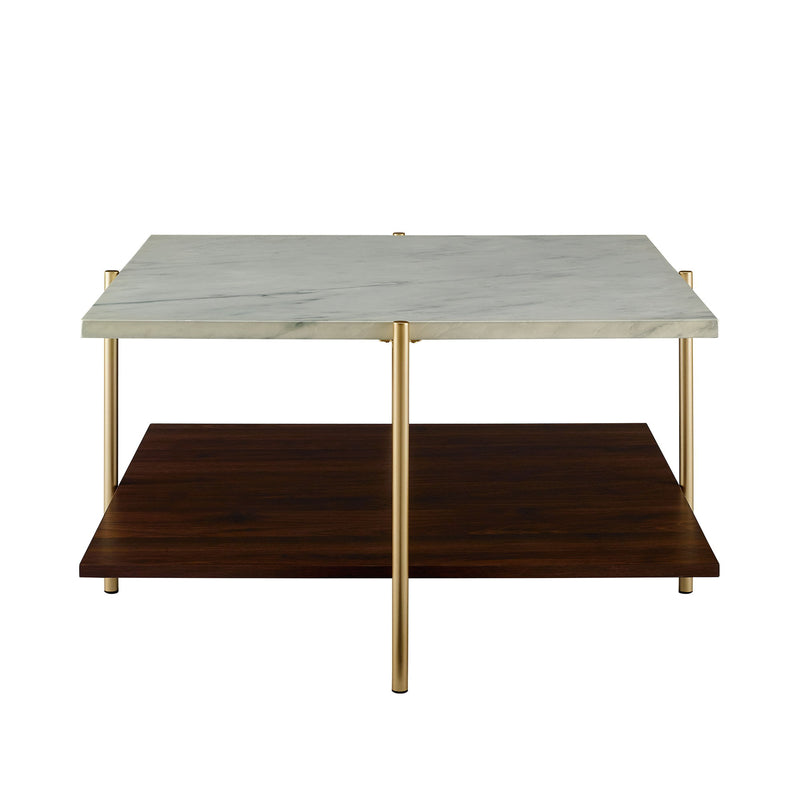 Modern Glam 3 Tone Square Coffee Table With Lower Shelf - White Marble / Dark Walnut / Gold