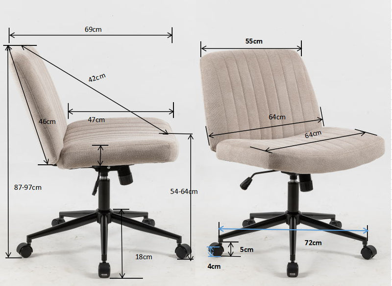 Cross Legged Office Chair, Wide Comfty Desk Chair, Vanity Home Chair, Armless Computer Task Chair With Wheels, Swivel And Height Adjustable - Beige