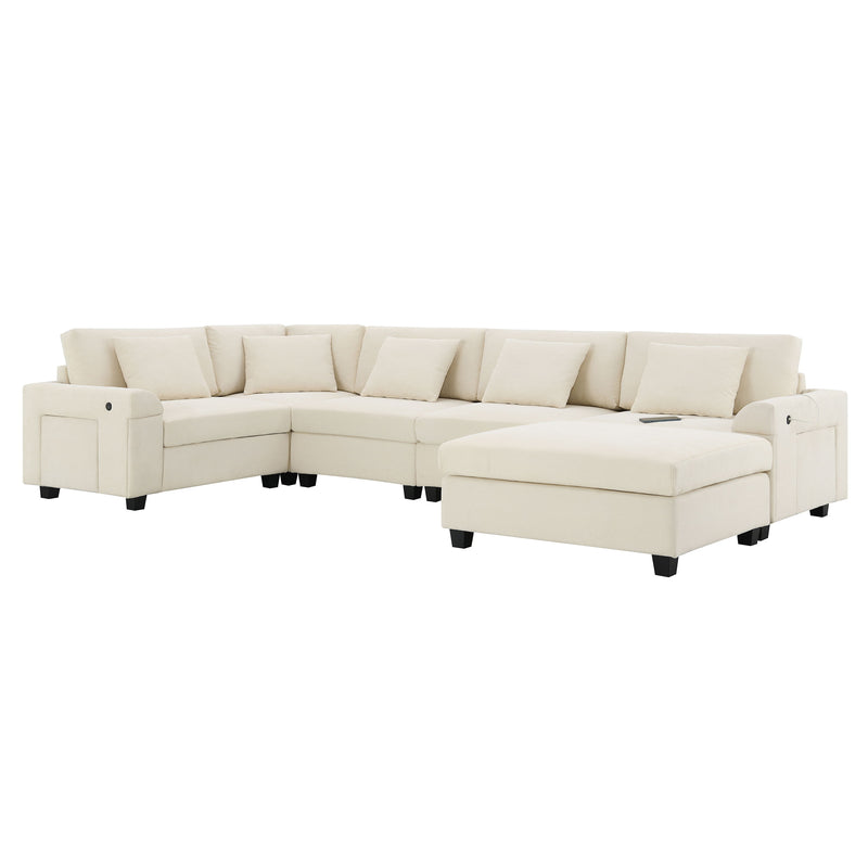 U Shaped Sectional Sofa 6 Seat Couch Set With Oversized Ottoman, Hidden Armrest Storage And Cup Holders USB Charging Ports Wide Seat Sofa