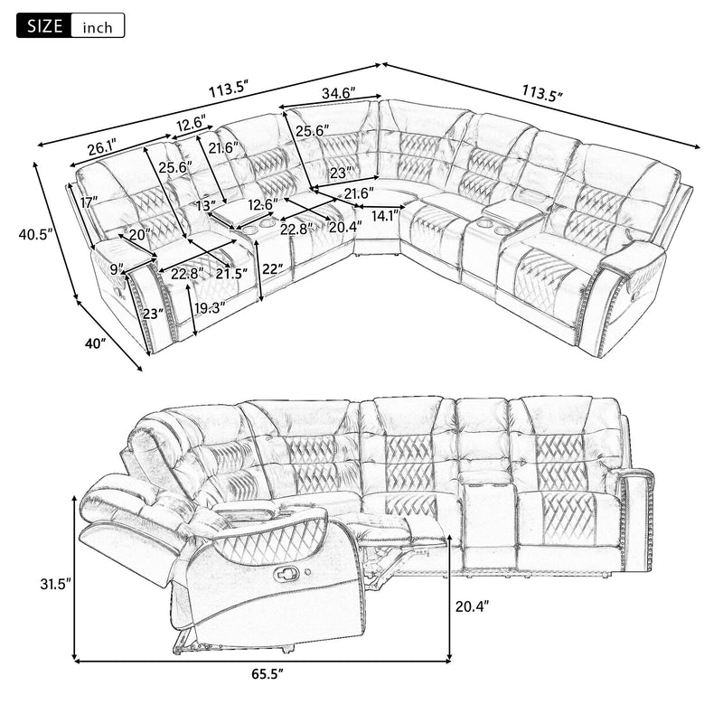 Manual Reclining Sectional Sofa Set, L Shaped Symmetrical Motion Sofa Corner Couch Sets With Storage Boxes, 4 Cup Holders And LED Light Strip For Living Room