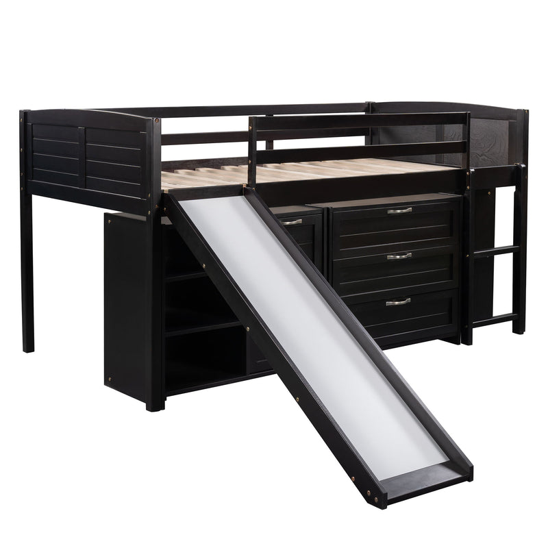 Loft Low Bed With Cabinets, Shelves And Slide
