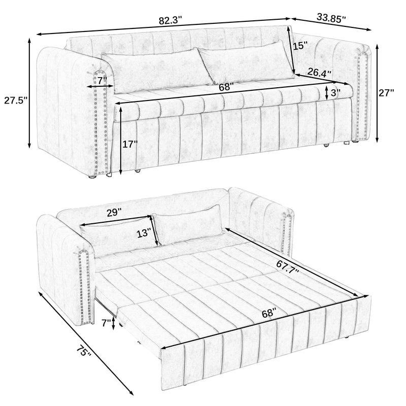 Modern Upholstered 3 In 1 Pull Out Bed Sleeper Sofa With Rolled Arms And Copper Nail Decor - Gray