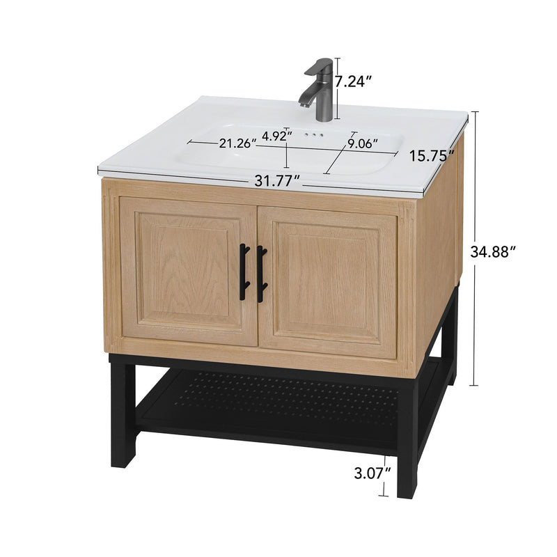 Modern Freestanding Bathroom Vanity With Ceramic Sink, Hot And Cold Faucet, Storage Cabinet & Open Shelf