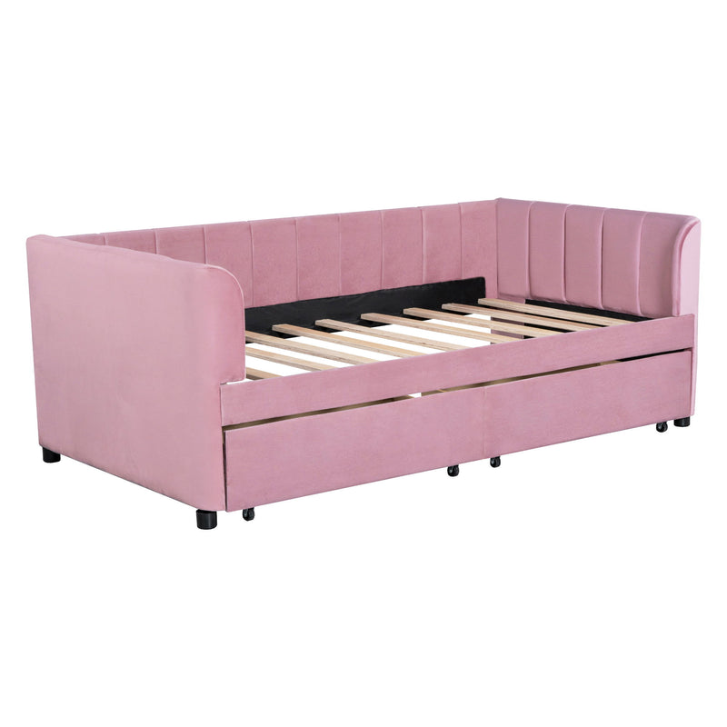 Twin Size Upholstered Daybed With Ergonomic Design Backrest And 2 Drawers - Pink