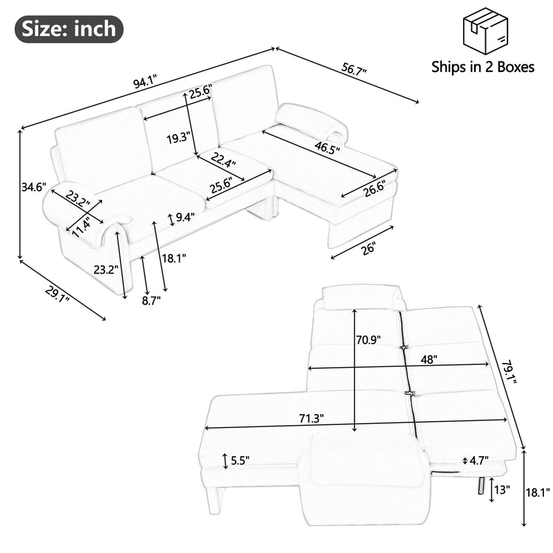 Convertible Futon Sofa Bed With Adjustable Backrest, Reversible Chaise Lounge And 2 Removable Armrest Pillows