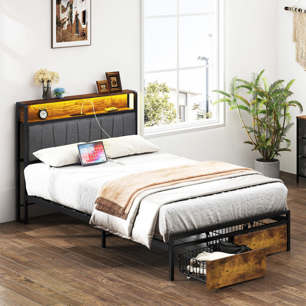 Upholstered Platform Bed Frame With Storage Drawers, USB Ports, LED Lights