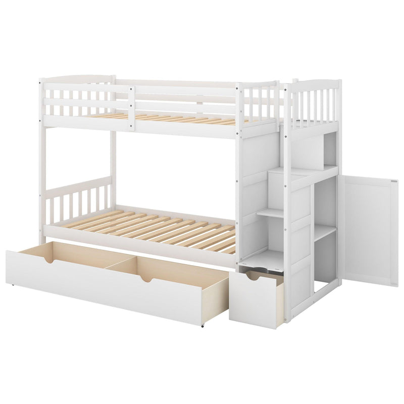 Twin over Twin or Twin over Full Convertible Bunk Bed withStorage Shelves and Drawers - White