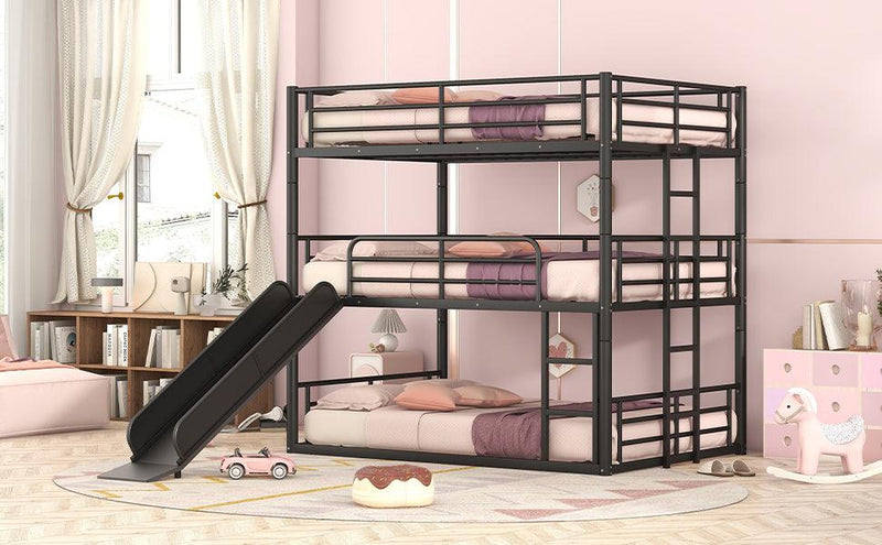 Full Size Convertible Metal Bunk Bed with Ladders and Slide - Black