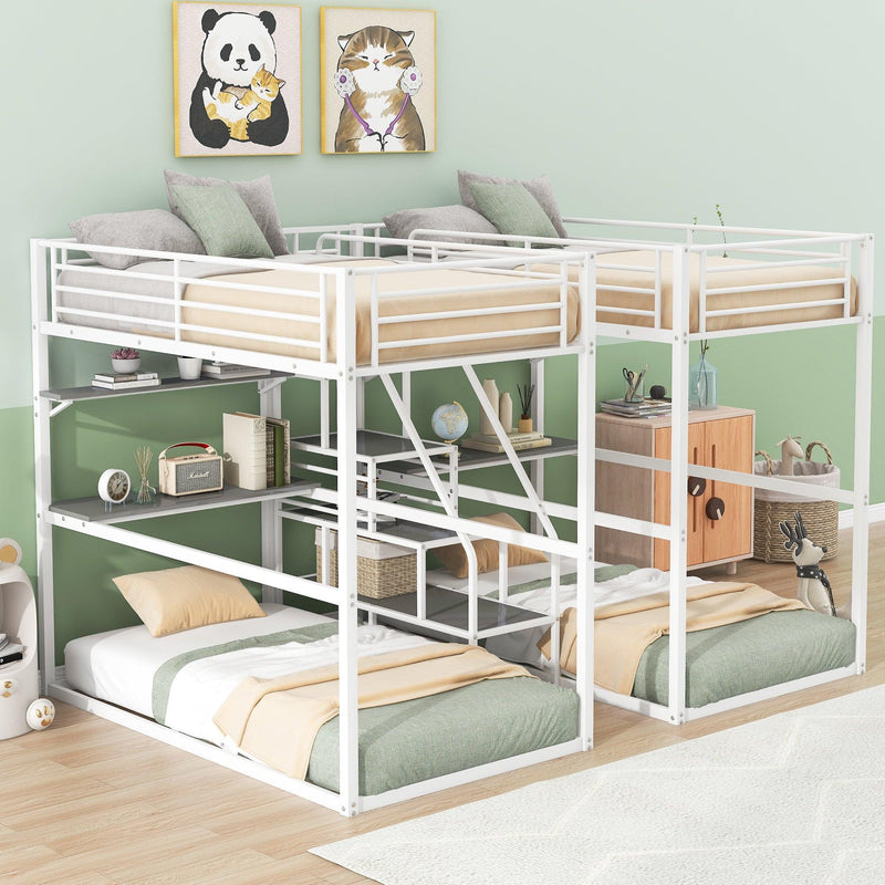 Double Twin over Twin Metal Bunk Bed with Desk Shelves andStorage Staircase - White - Urban Living Furniture (Los Angeles, CA)