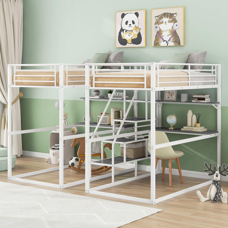 Double Twin over Twin Metal Bunk Bed with Desk Shelves andStorage Staircase - White - Urban Living Furniture (Los Angeles, CA)