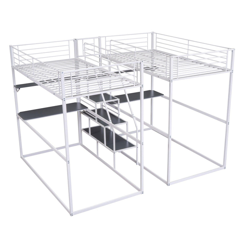 Double Twin over Twin Metal Bunk Bed with Desk Shelves andStorage Staircase - White