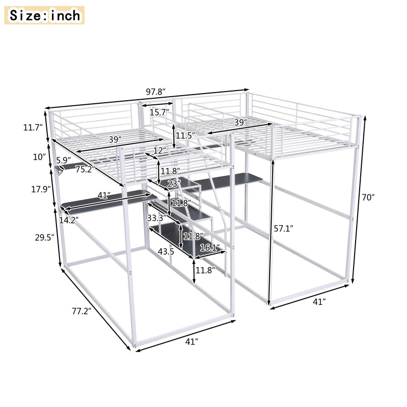 Double Twin over Twin Metal Bunk Bed with Desk Shelves andStorage Staircase - White