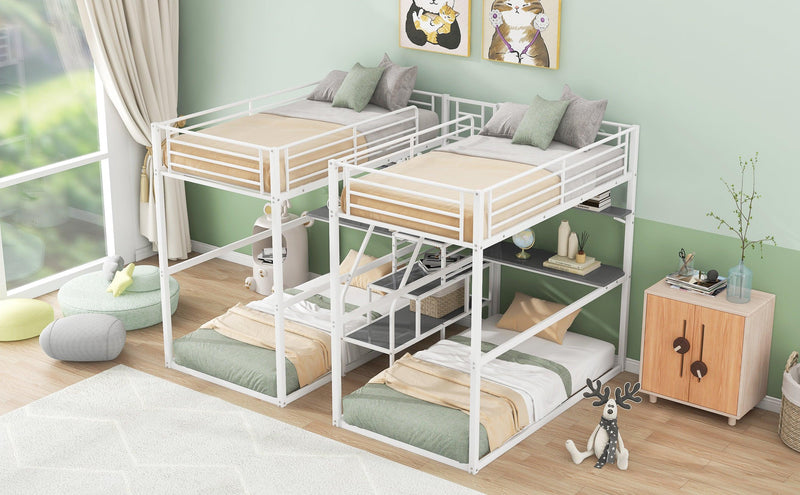 Double Twin over Twin Metal Bunk Bed with Desk Shelves andStorage Staircase - White