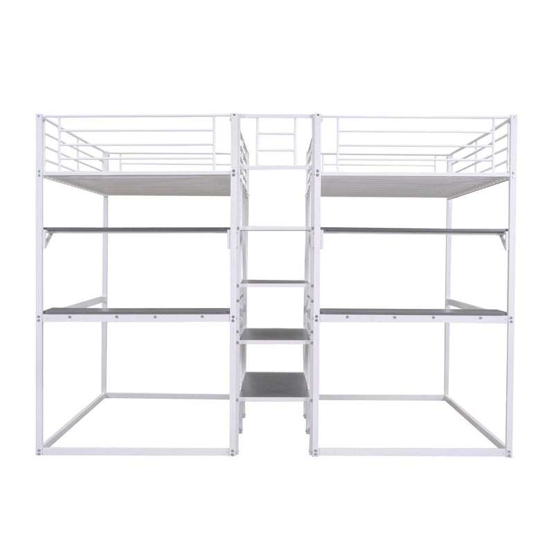 Double Twin over Twin Metal Bunk Bed with Desk Shelves andStorage Staircase - White