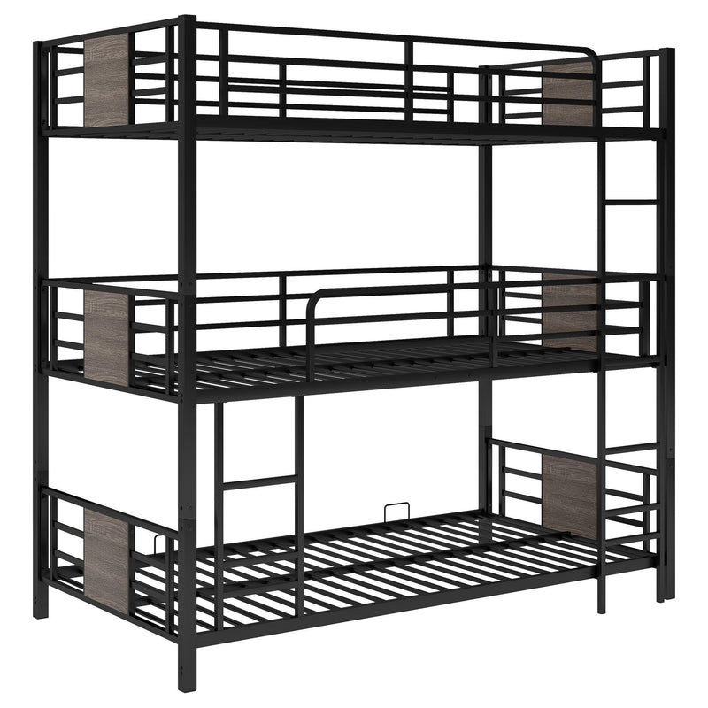 Twin Size Triple Metal Bunk Bed with Wood Decoration Headboard and Footboard - Gray