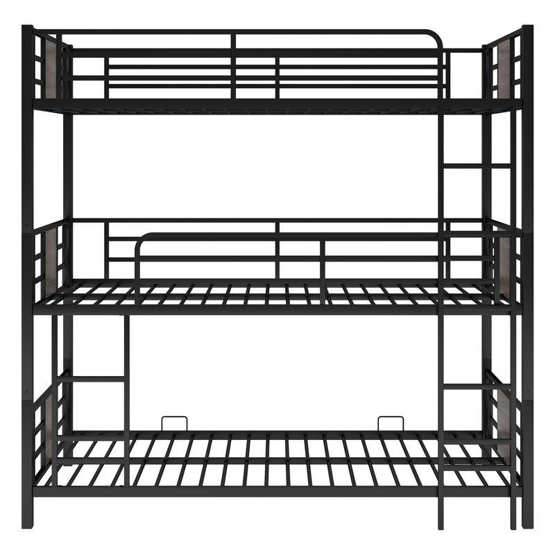 Twin Size Triple Metal Bunk Bed with Wood Decoration Headboard and Footboard - Gray