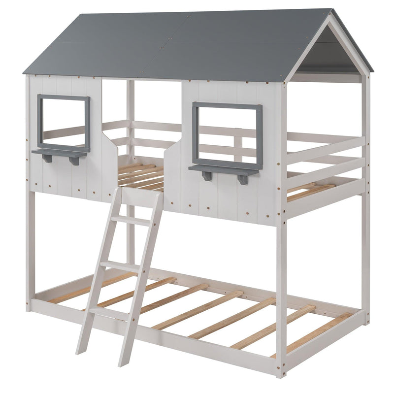 Twin over Twin House Shaped Bunk Bed with Roof Window Guardrail Ladder - White - Urban Living Furniture (Los Angeles, CA)