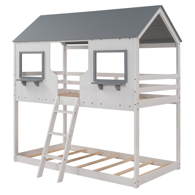 Twin over Twin House Shaped Bunk Bed with Roof Window Guardrail Ladder - White - Urban Living Furniture (Los Angeles, CA)