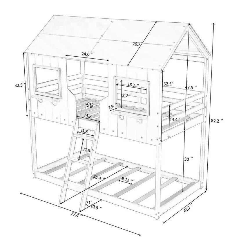 Twin over Twin House Shaped Bunk Bed with Roof Window Guardrail Ladder - White - Urban Living Furniture (Los Angeles, CA)