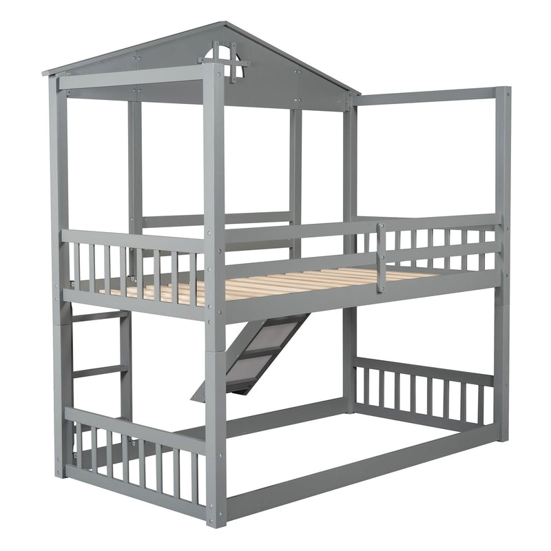 Twin over Twin Convertible House Shaped Bunk Bed with Slide and Ladder - Gray - Urban Living Furniture (Los Angeles, CA)