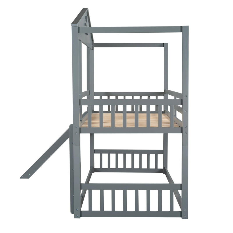 Twin over Twin Convertible House Shaped Bunk Bed with Slide and Ladder - Gray - Urban Living Furniture (Los Angeles, CA)