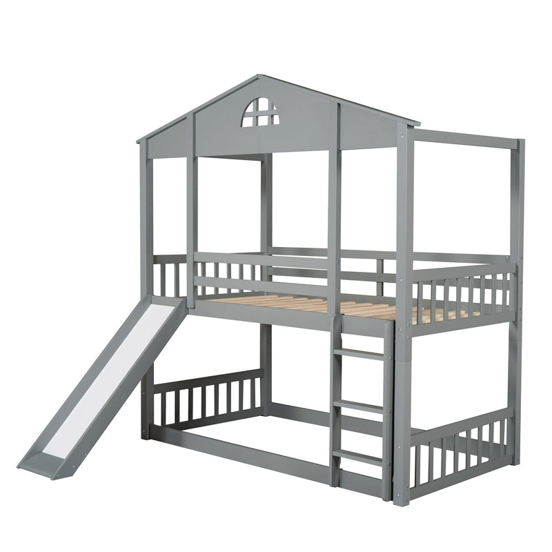 Twin over Twin Convertible House Shaped Bunk Bed with Slide and Ladder - Gray - Urban Living Furniture (Los Angeles, CA)