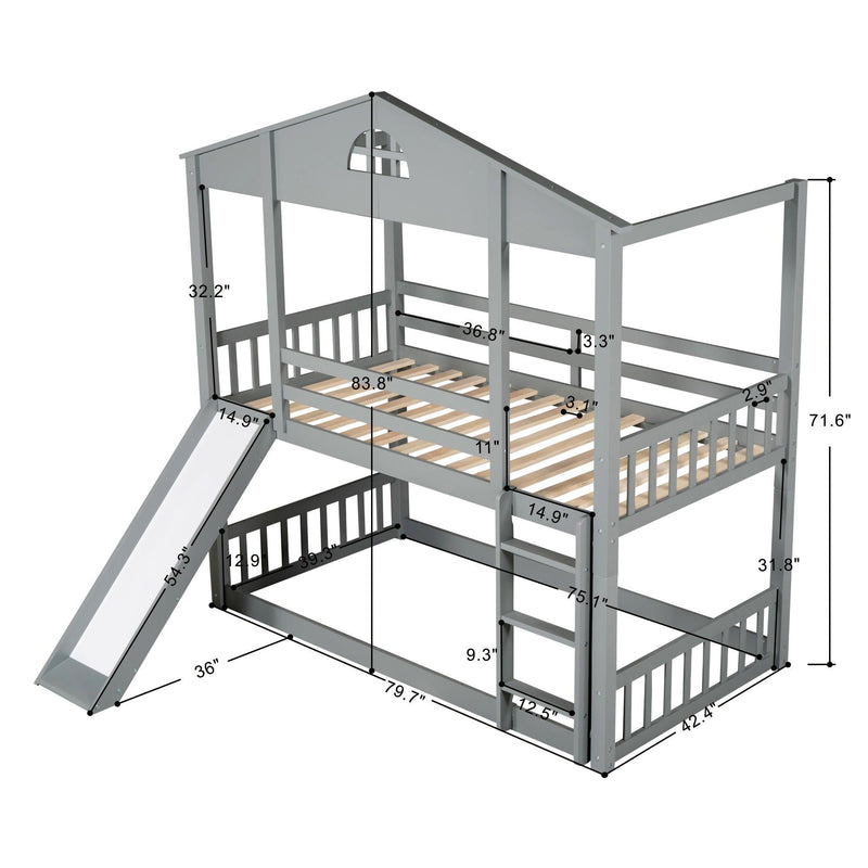 Twin over Twin Convertible House Shaped Bunk Bed with Slide and Ladder - Gray - Urban Living Furniture (Los Angeles, CA)