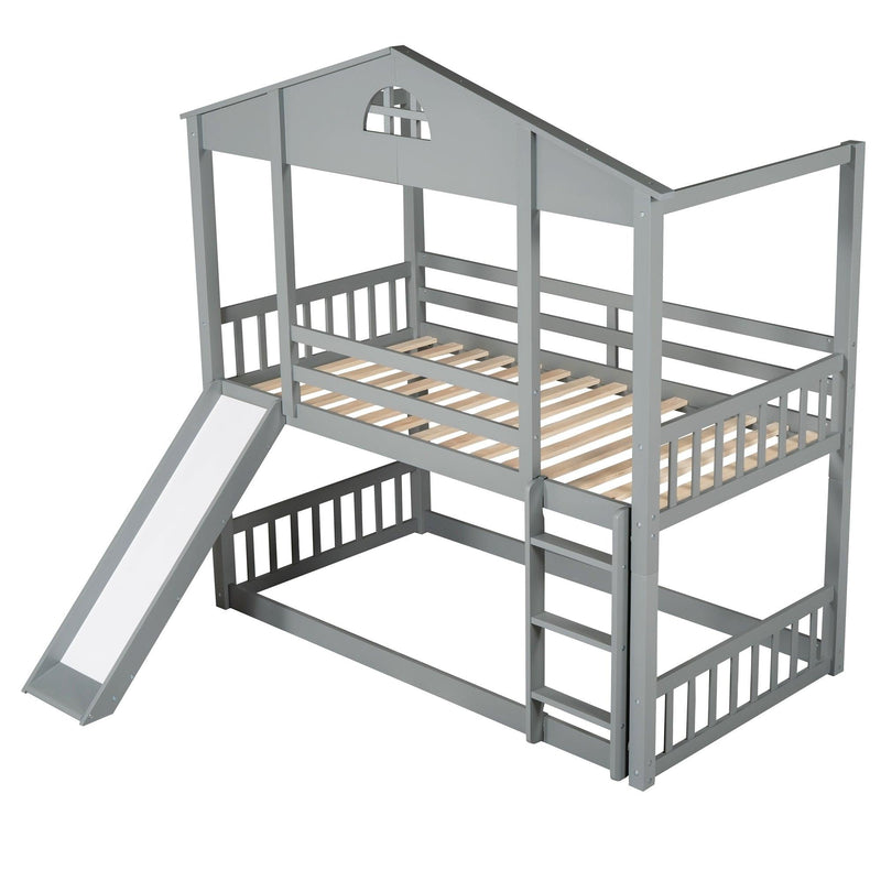 Twin over Twin Convertible House Shaped Bunk Bed with Slide and Ladder - Gray - Urban Living Furniture (Los Angeles, CA)