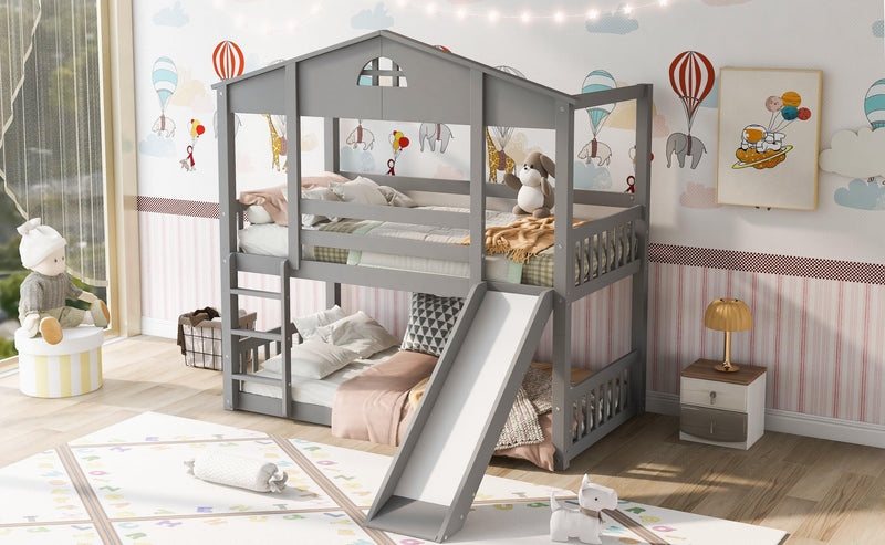 Twin over Twin Convertible House Shaped Bunk Bed with Slide and Ladder - Gray - Urban Living Furniture (Los Angeles, CA)