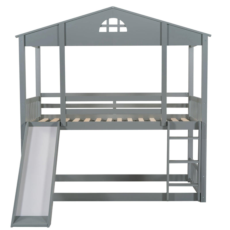 Twin over Twin Convertible House Shaped Bunk Bed with Slide and Ladder - Gray - Urban Living Furniture (Los Angeles, CA)