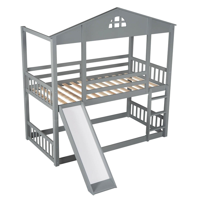 Twin over Twin Convertible House Shaped Bunk Bed with Slide and Ladder - Gray - Urban Living Furniture (Los Angeles, CA)