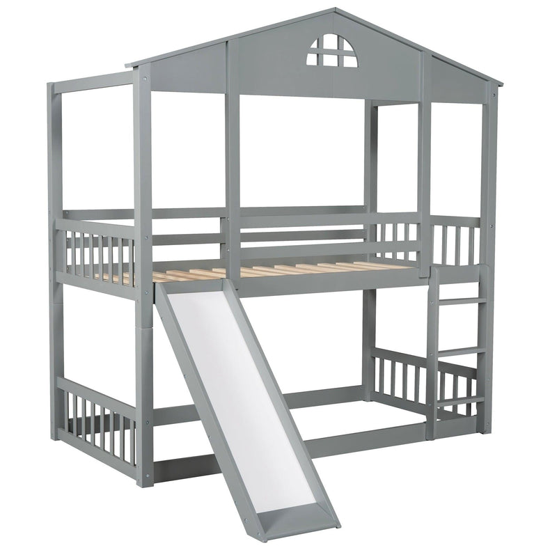 Twin over Twin Convertible House Shaped Bunk Bed with Slide and Ladder - Gray - Urban Living Furniture (Los Angeles, CA)