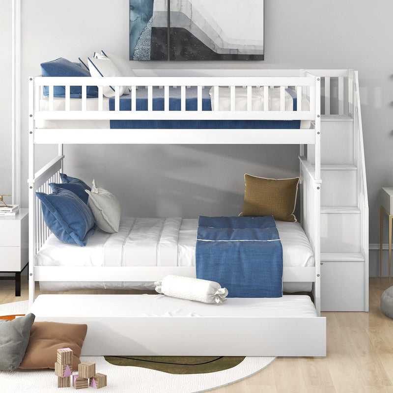 Full over Full Bunk Bed with Twin Size Trundle andStorage Staircase - White - Urban Living Furniture (Los Angeles, CA)