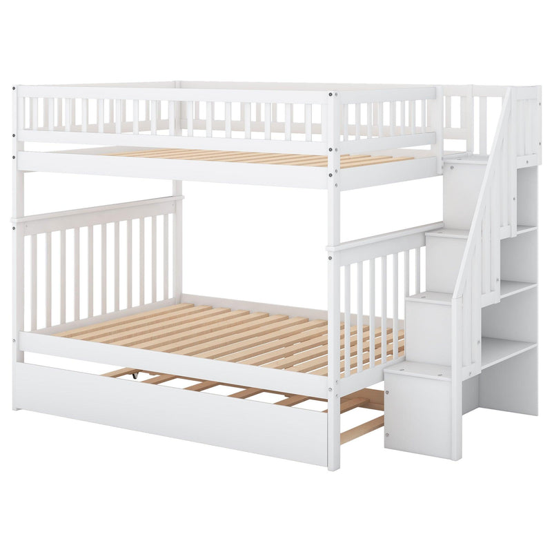 Full over Full Bunk Bed with Twin Size Trundle andStorage Staircase - White