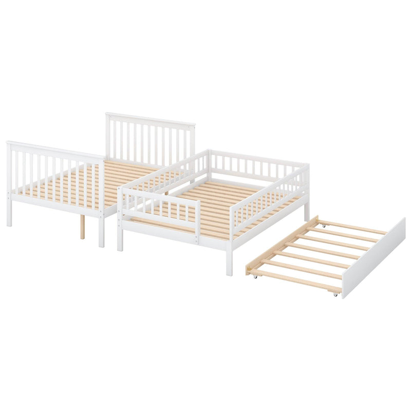Full over Full Bunk Bed with Twin Size Trundle andStorage Staircase - White