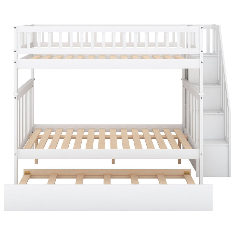 Full over Full Bunk Bed with Twin Size Trundle andStorage Staircase - White