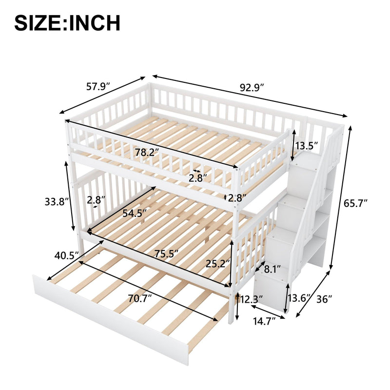 Full over Full Bunk Bed with Twin Size Trundle andStorage Staircase - White