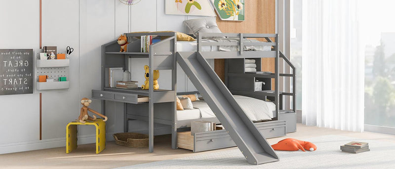 Twin over Twin Bunk Bed withStorage Staircase, Slide, Drawers and Desk with Drawers and Shelves - Gray - Urban Living Furniture (Los Angeles, CA)