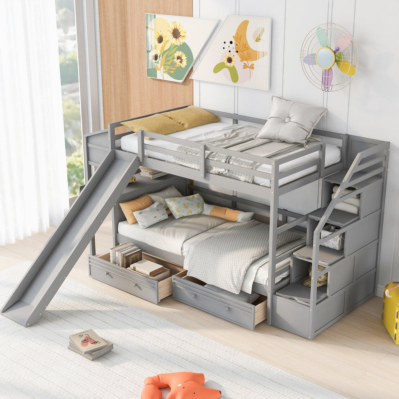 Twin over Twin Bunk Bed withStorage Staircase, Slide, Drawers and Desk with Drawers and Shelves - Gray - Urban Living Furniture (Los Angeles, CA)