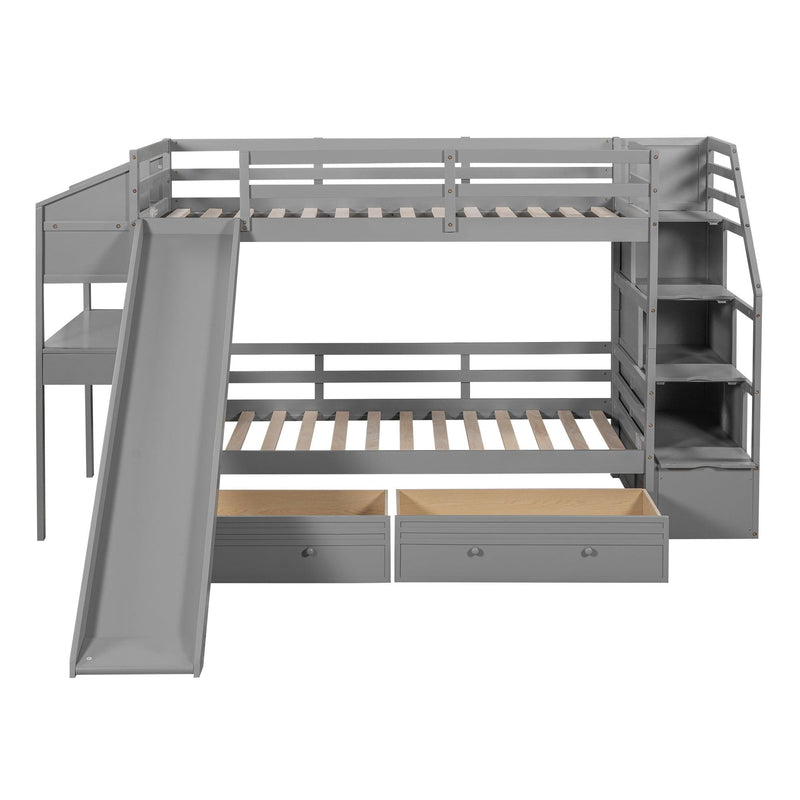 Twin over Twin Bunk Bed withStorage Staircase, Slide, Drawers and Desk with Drawers and Shelves - Gray - Urban Living Furniture (Los Angeles, CA)