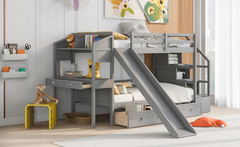 Twin over Twin Bunk Bed withStorage Staircase, Slide, Drawers and Desk with Drawers and Shelves - Gray - Urban Living Furniture (Los Angeles, CA)