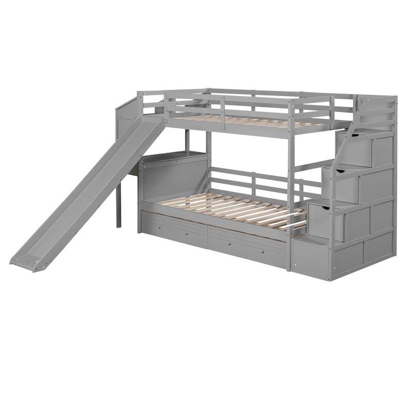 Twin over Twin Bunk Bed withStorage Staircase, Slide, Drawers and Desk with Drawers and Shelves - Gray - Urban Living Furniture (Los Angeles, CA)