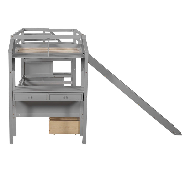 Twin over Twin Bunk Bed withStorage Staircase, Slide, Drawers and Desk with Drawers and Shelves - Gray - Urban Living Furniture (Los Angeles, CA)